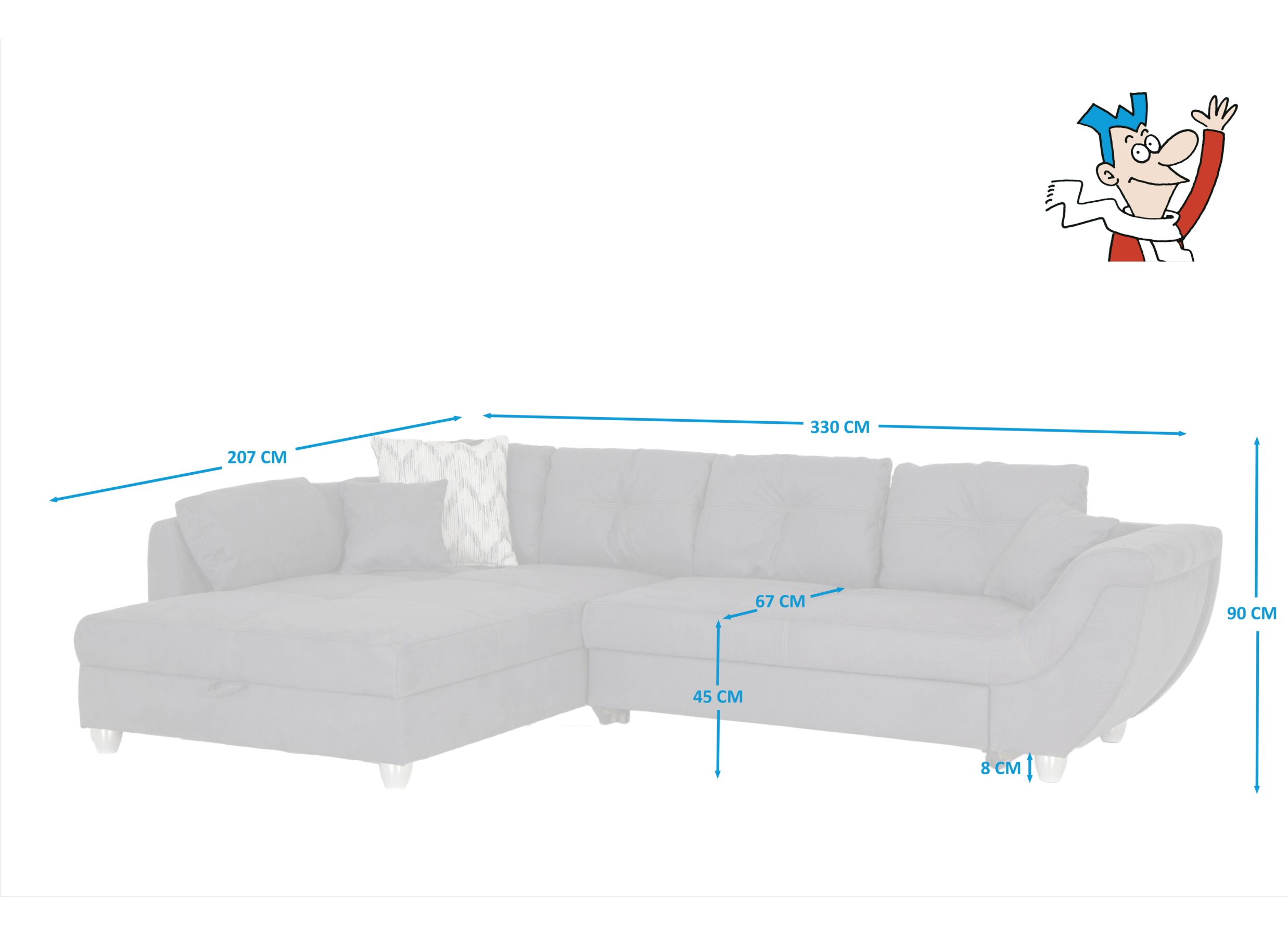 Canapé d'angle Maranello tissu gris avec fonction lit