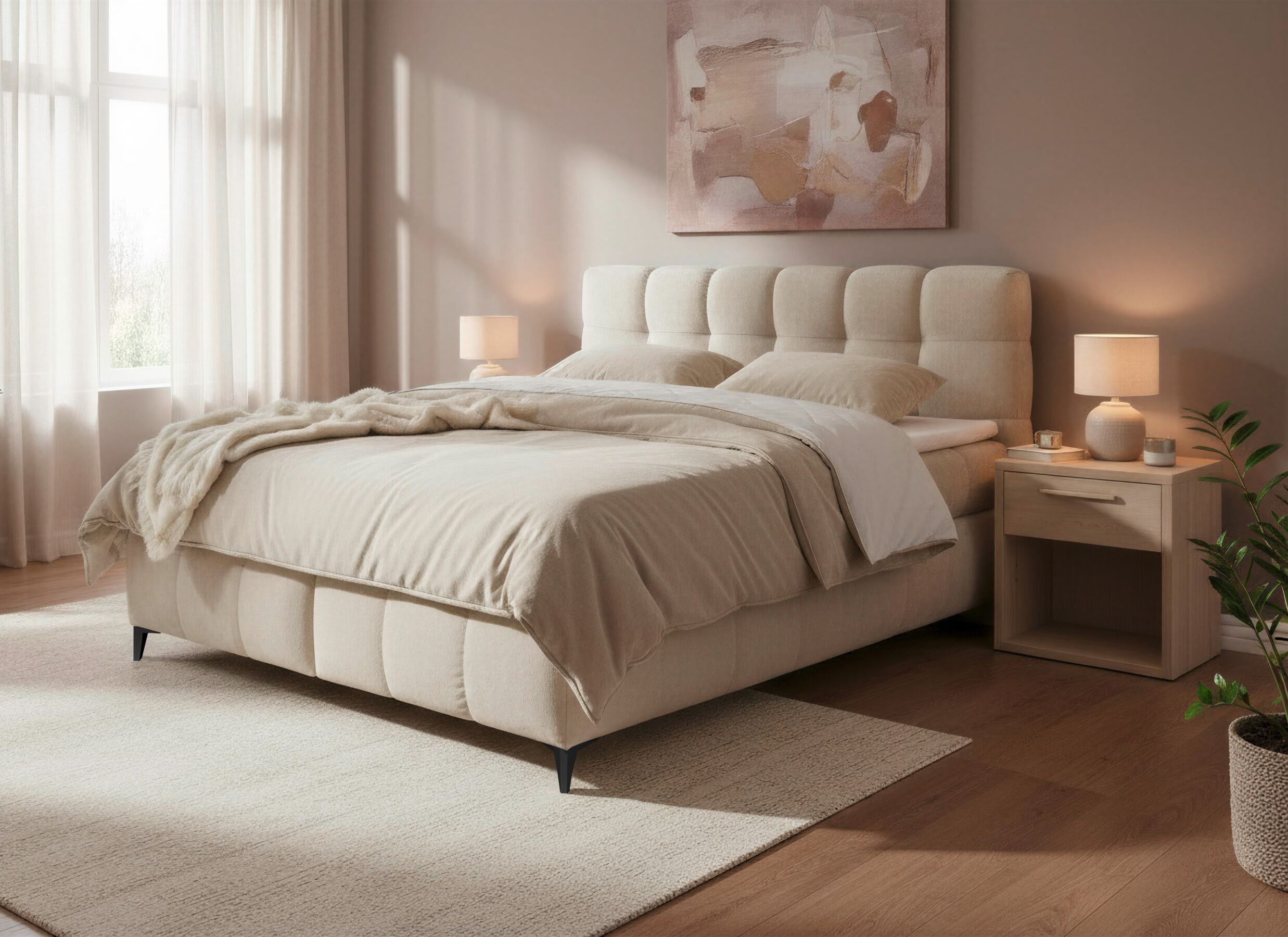 Foto ambiance - Lit box Kylie 160x200cm - tissu - beige avec rangement