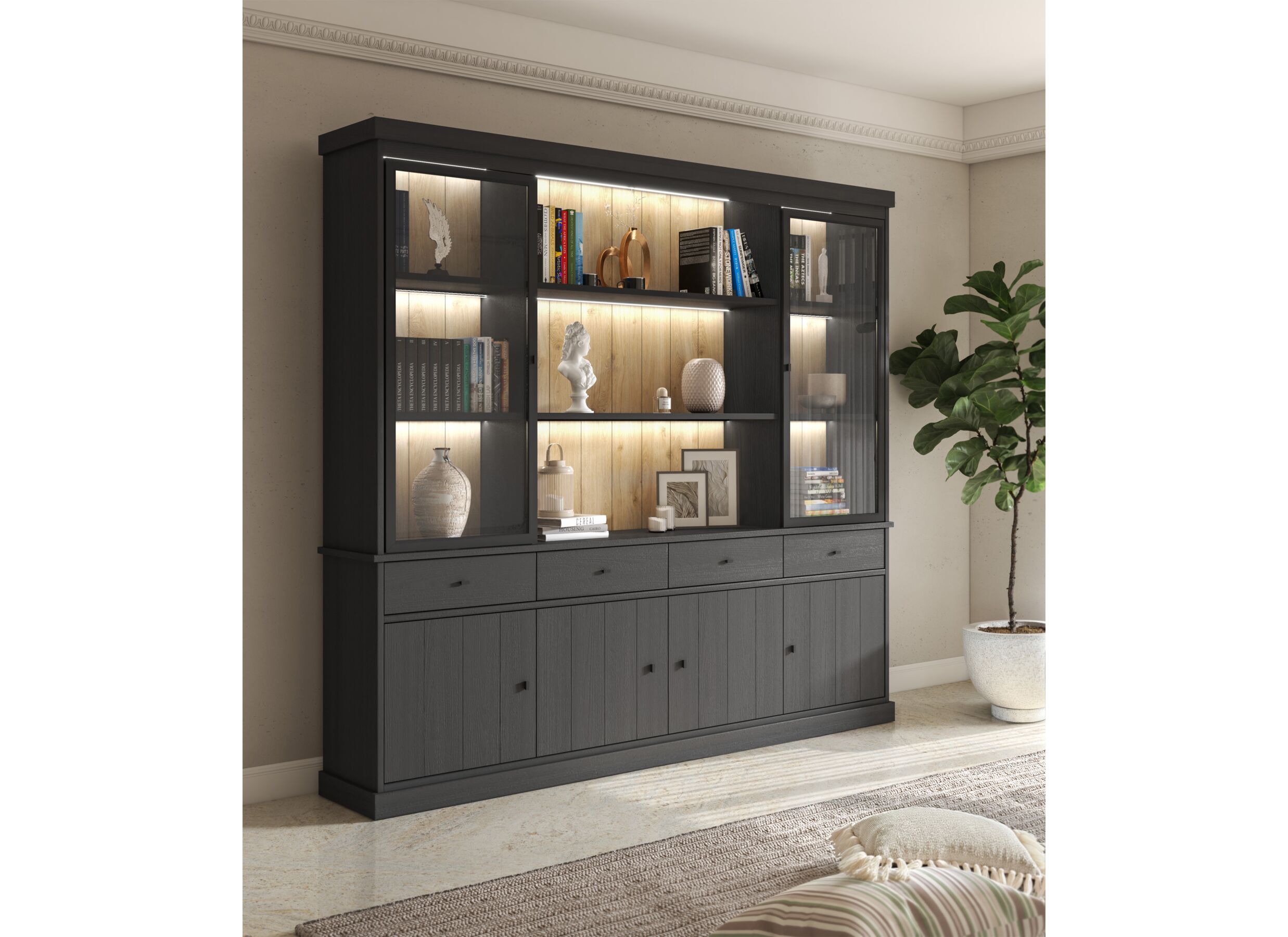 Sfeerfoto - Vitrinekast Valencia 240cm - melamine - zwarte eik