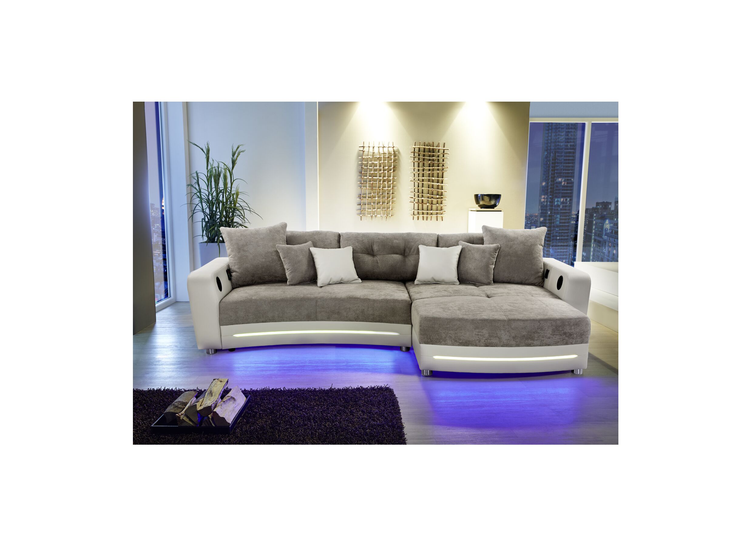 Sfeerfoto - Hoeksalon Laredo lederlook/stof beige taupe met LED-verlichting