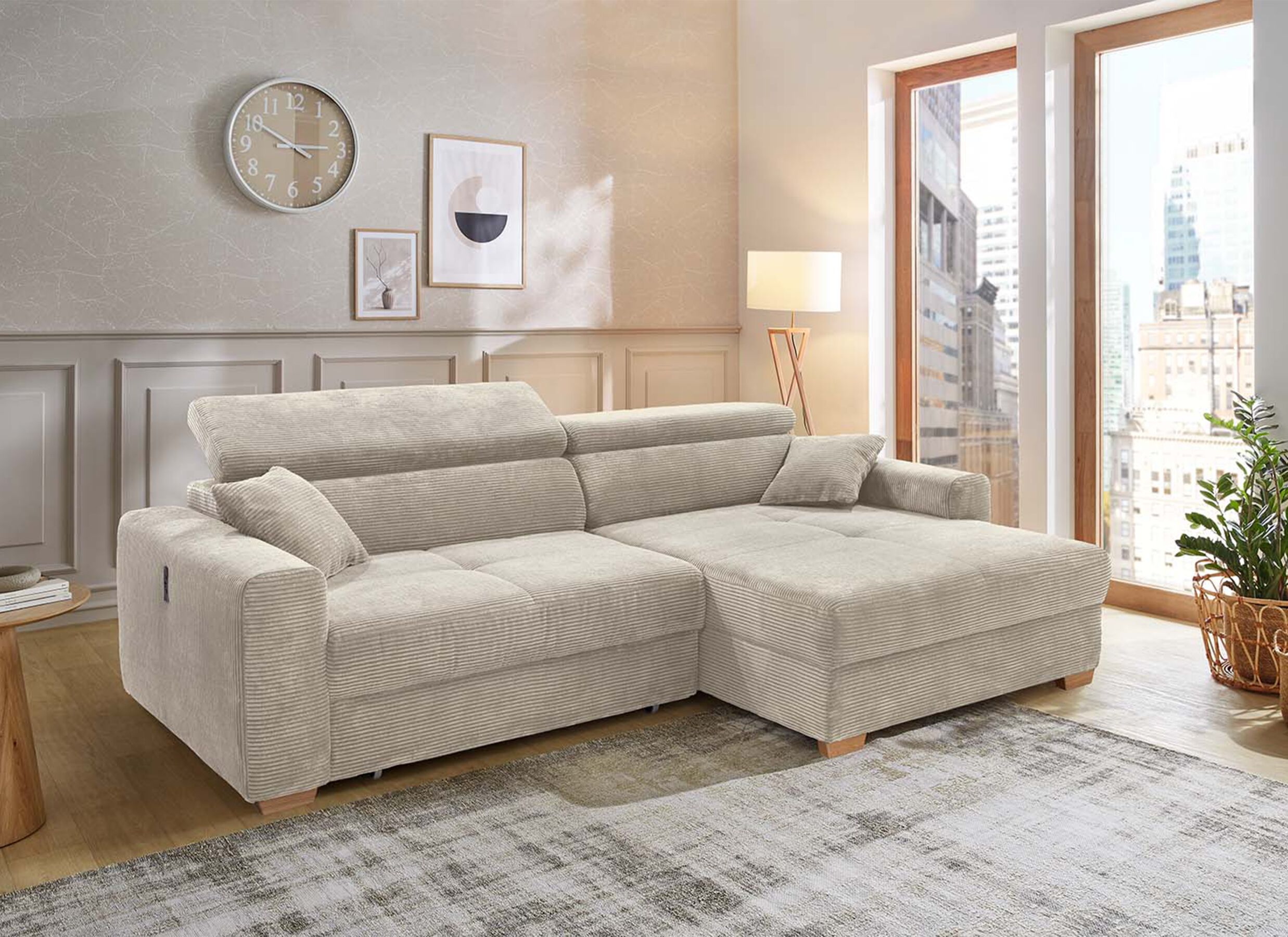 Sfeerfoto - Hoeksalon Slider 279x186cm - ribcord stof - lichtgrijs met bedfunctie