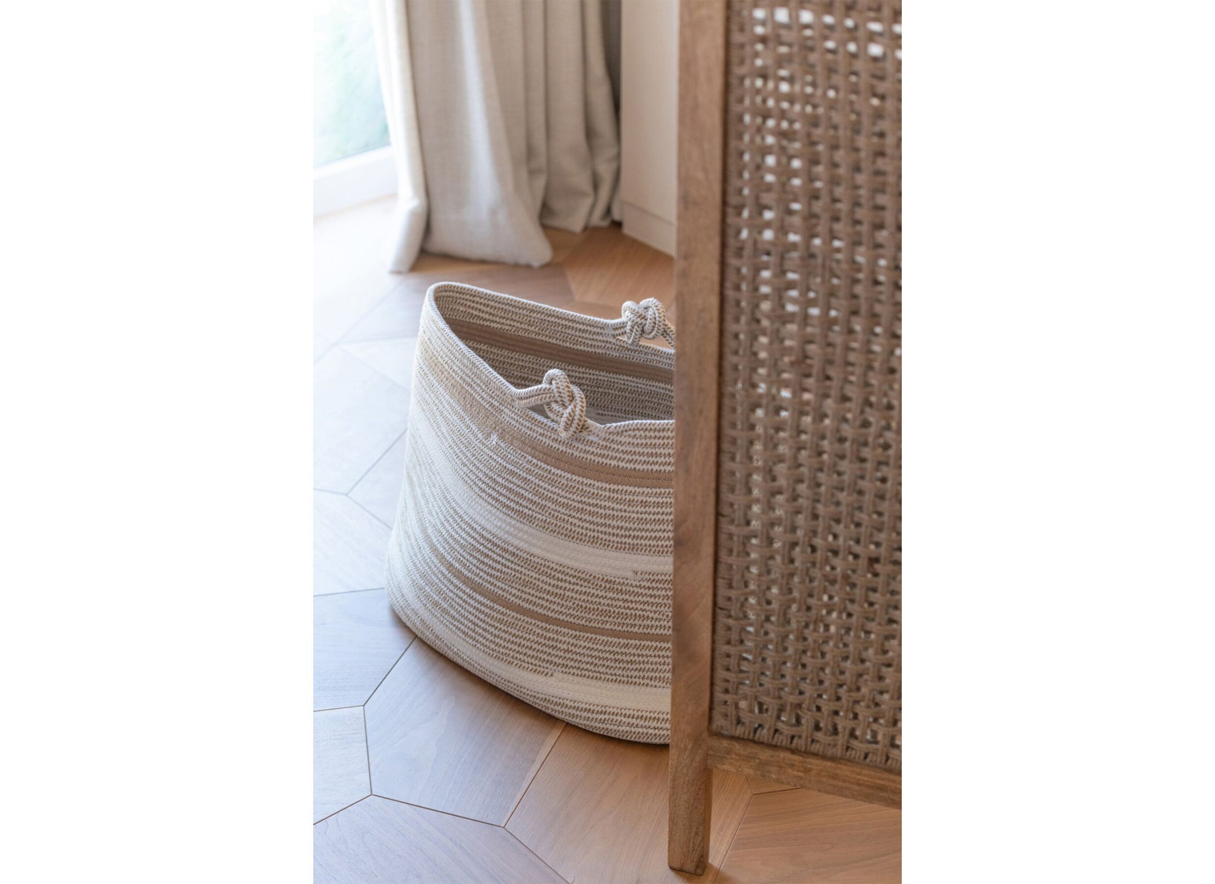 Foto ambiance - Panier Rayé 57x36x38cm - polyester - blanc & beige