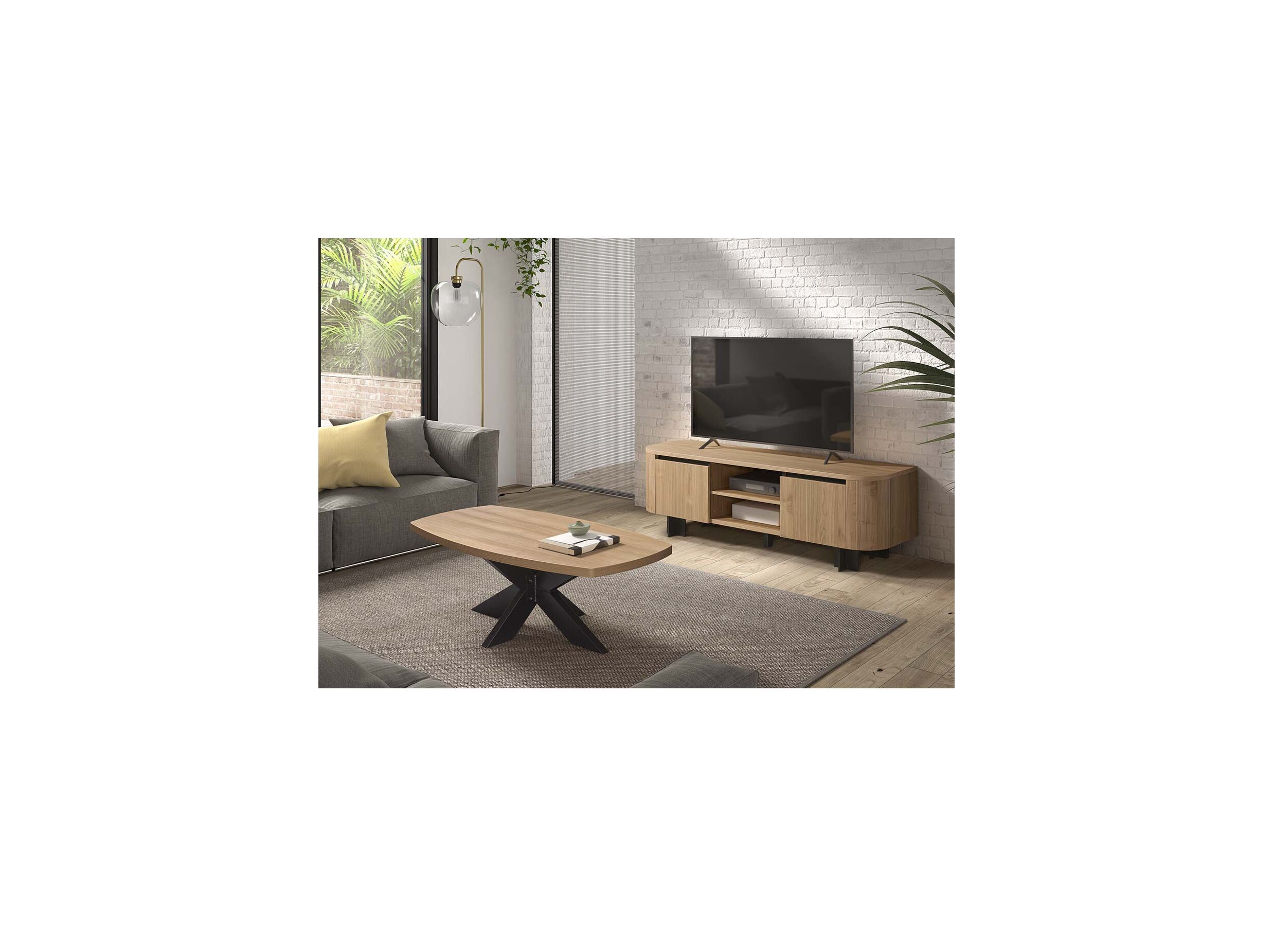 Foto ambiance - Meuble TV Valerio 170cm - mélamine - noyer clair