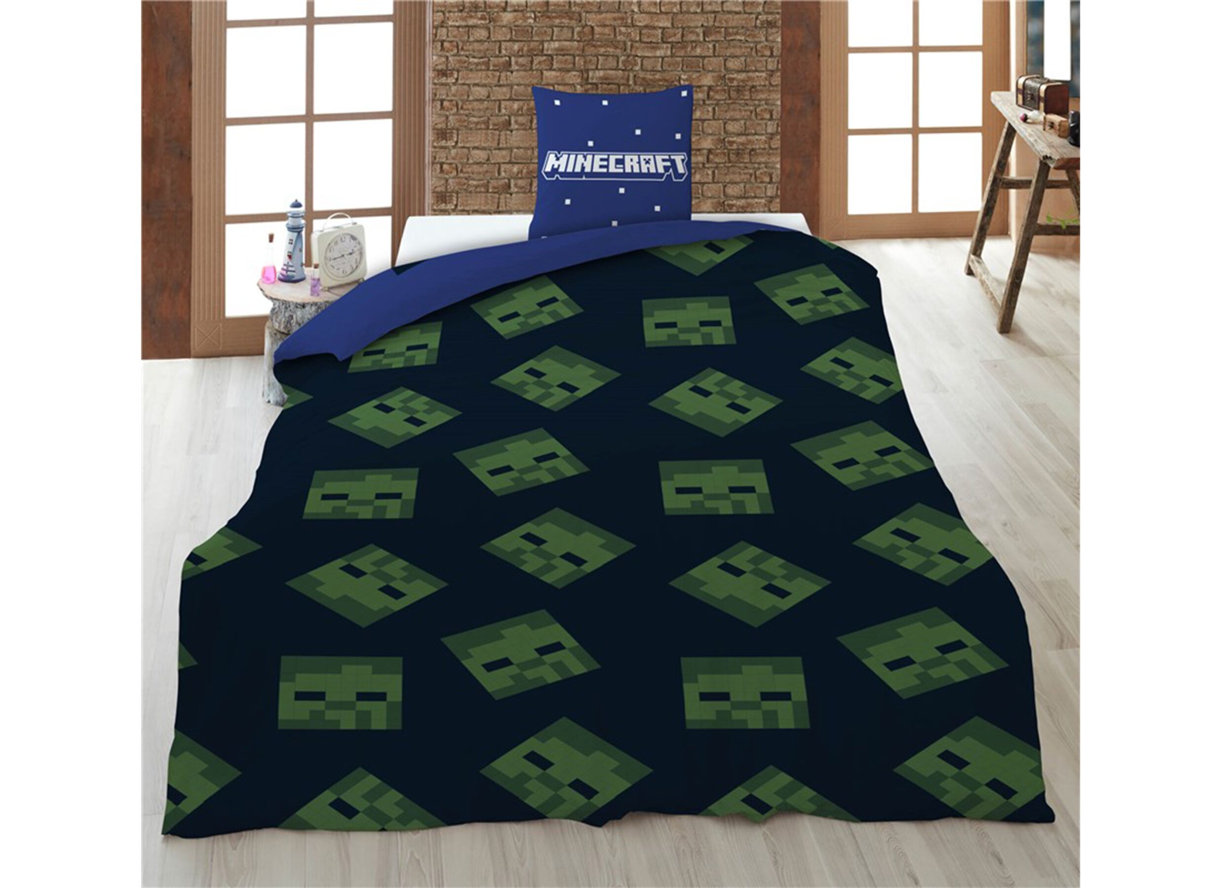 Sfeerfoto - Dekbedovertrek Minecraft 140x200cm - polykatoen - blauw