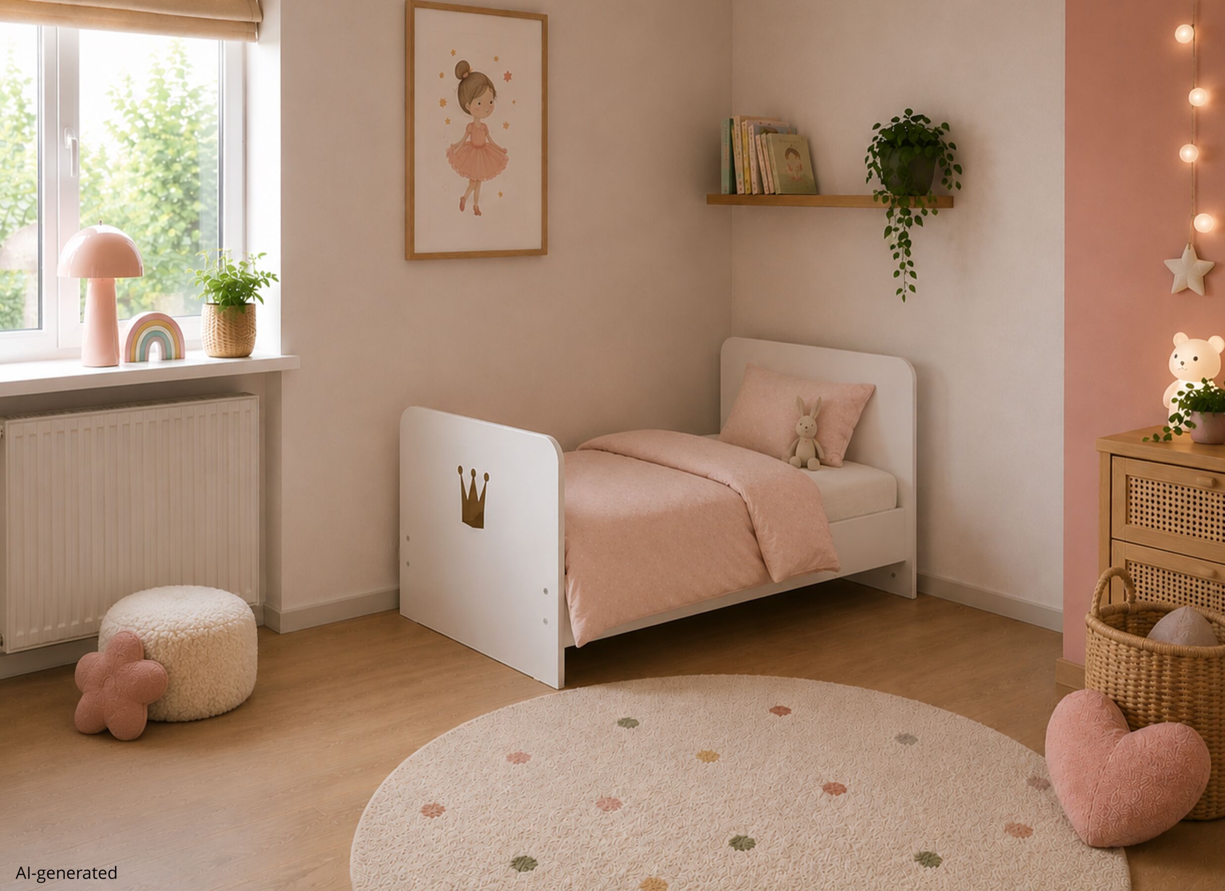 AI Generated - Lit bébé évolutif Cindy 70x140cm - décor - rose & blanc