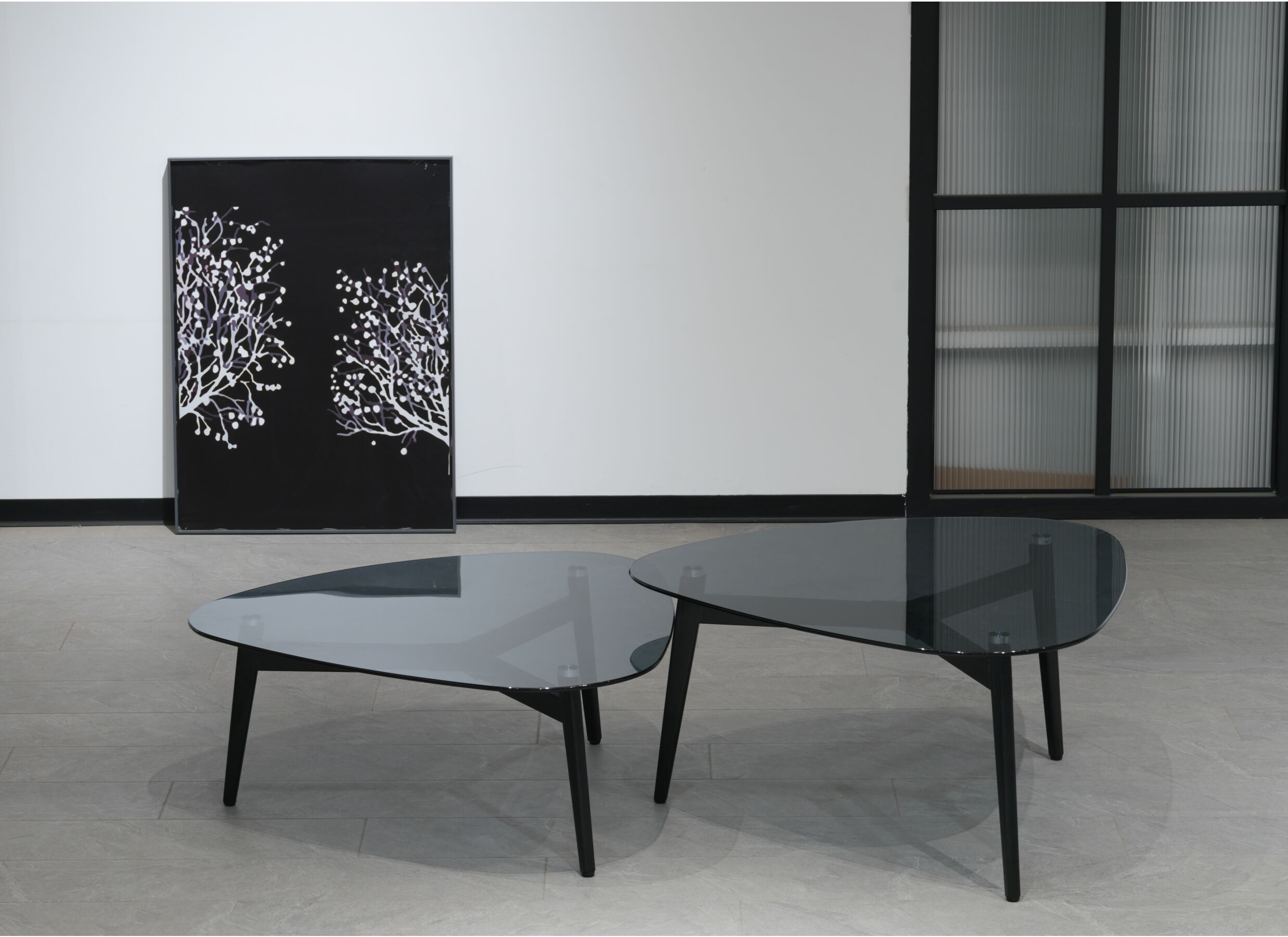 Foto ambiance - Table basse Planetoide Ø80cm - verre/metal - bleu - lot de 2
