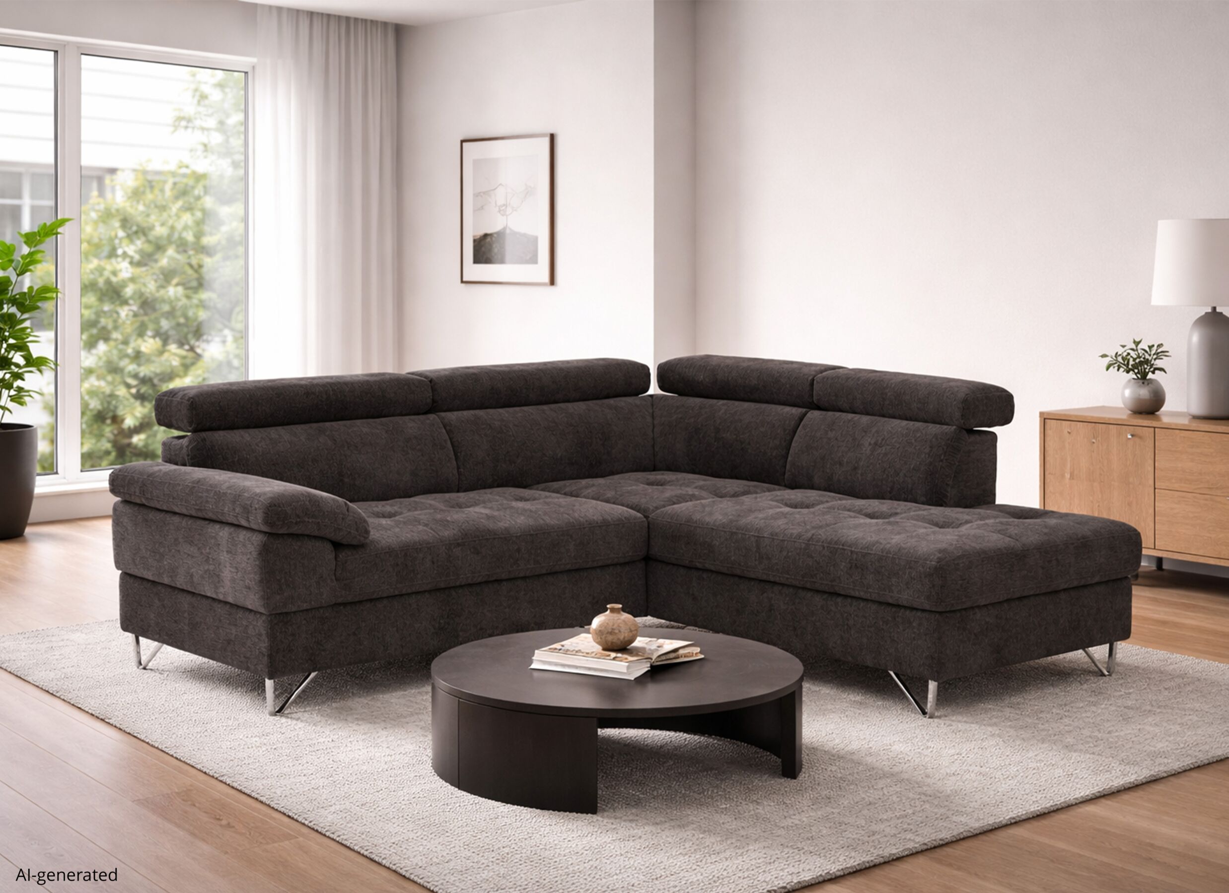 AI Generated - Canapé d'angle Sirocco 230x200cm - tissu - gris foncé avec fonction lit