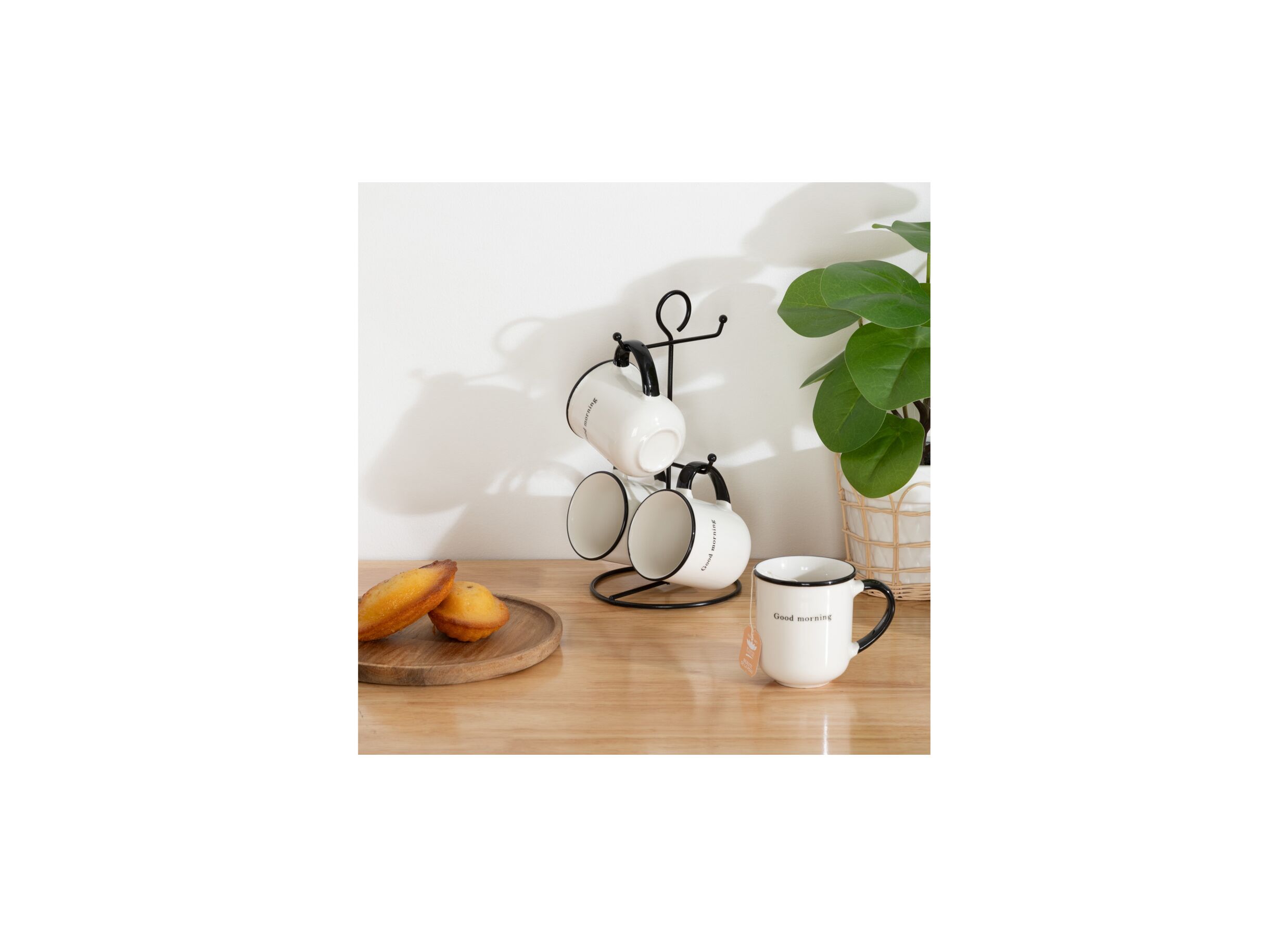 Sfeerfoto - Rek 4 mokken Alix 20cl 16x15x16cm - porselein & metaal - zwart/wit