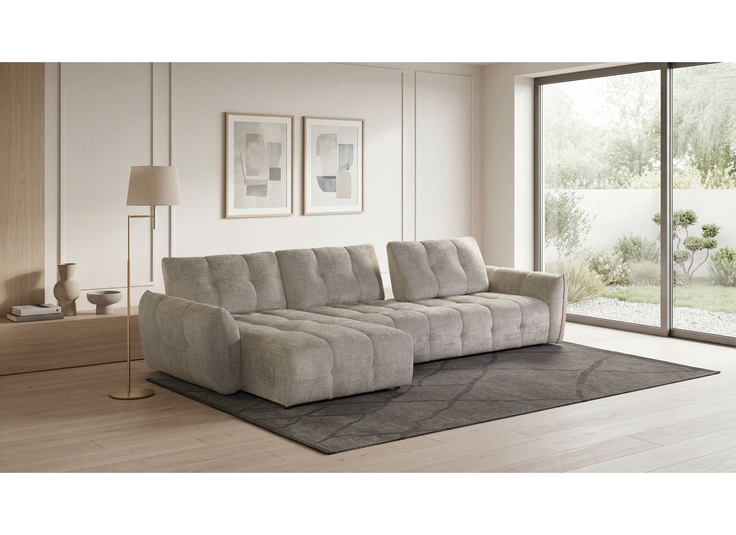 Sfeerfoto - Hoeksalon Pocone 337x187-200cm - stof - greige met zitdiepteverstelling