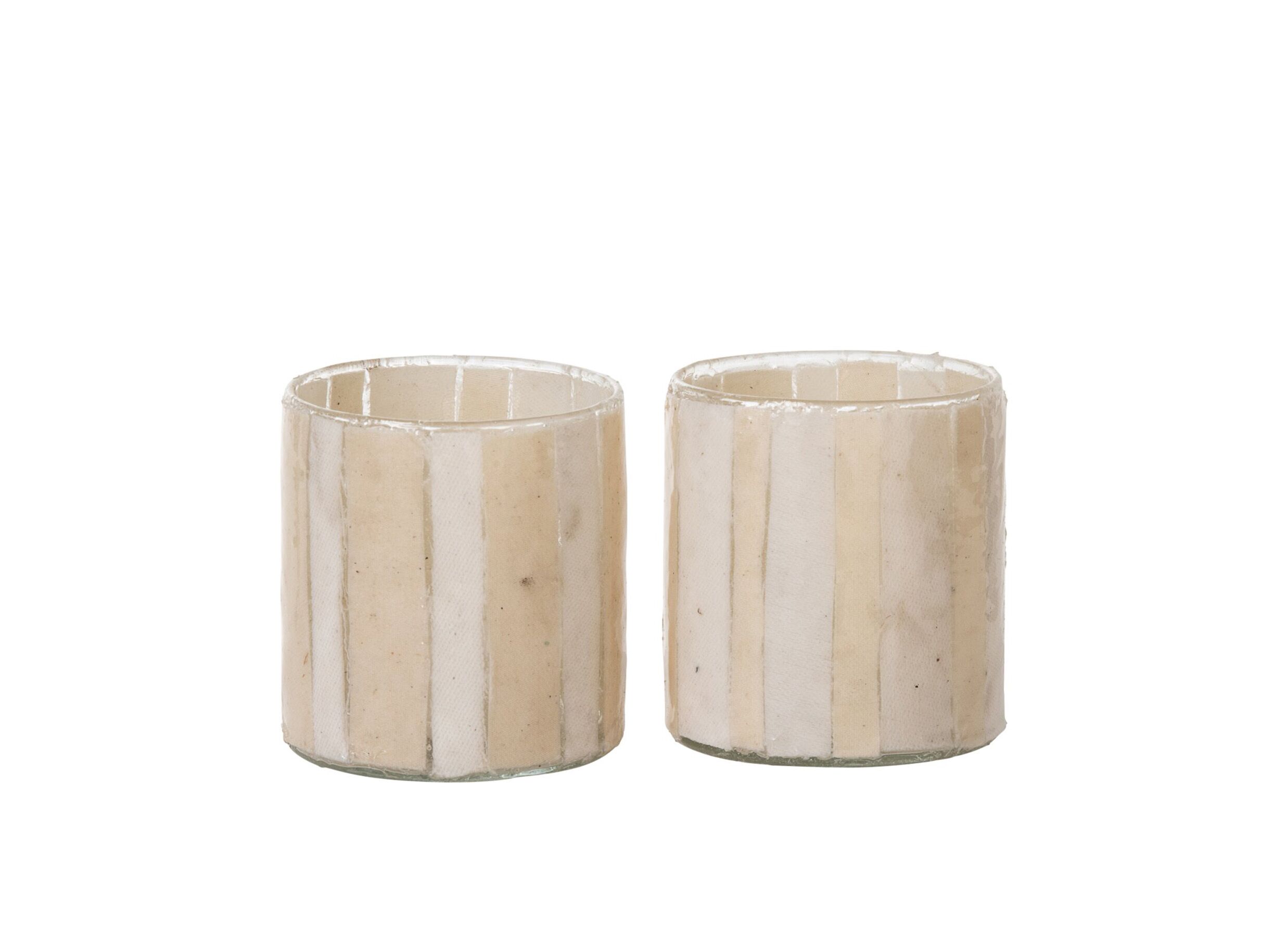 Theelichthouder Cilinder Gestreept Ø8x9cm - glas - ecru & beige set van 2 - Photophore Cylindre Rayé Ø8x9cm - verre - écru & beige lot de 2