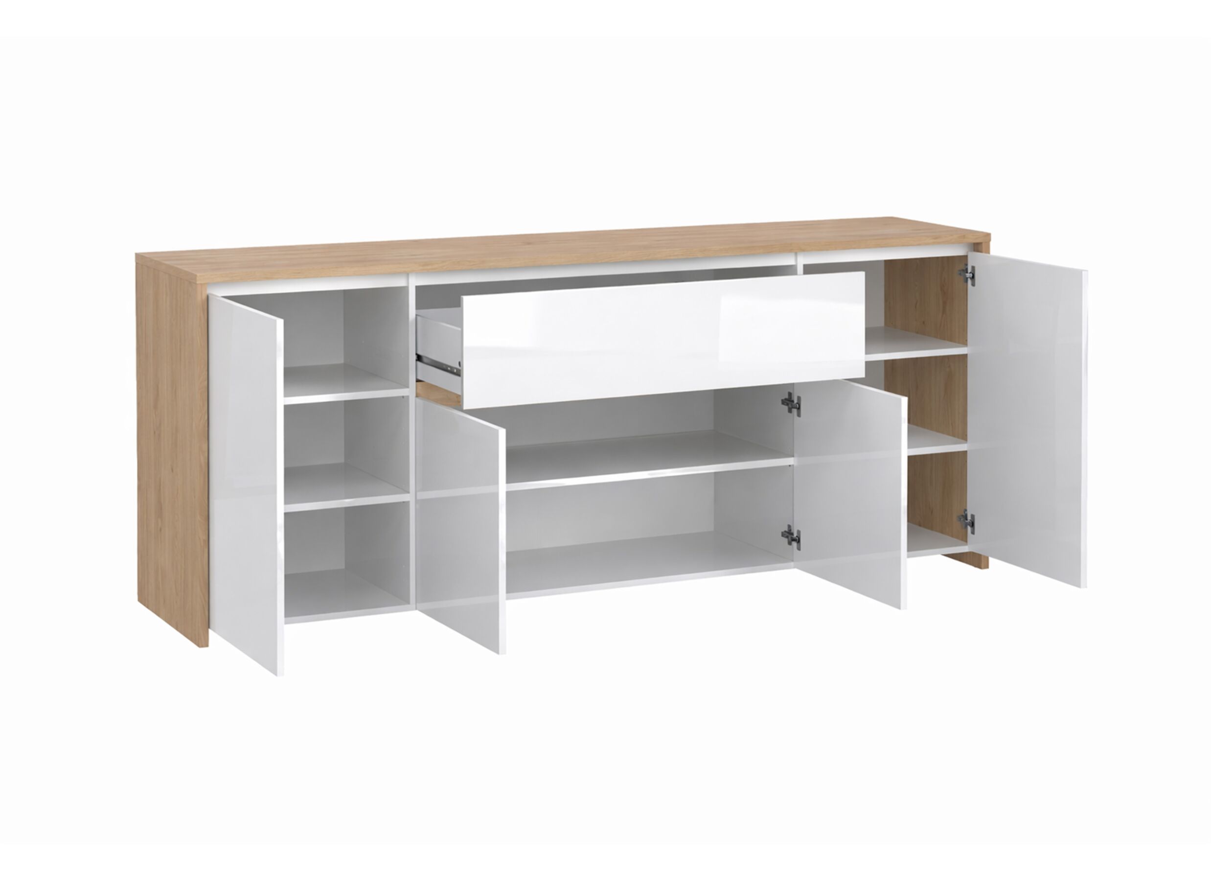 Indeling - Dressoir Next 197cm - melamine - glanzend wit & jackson hickory