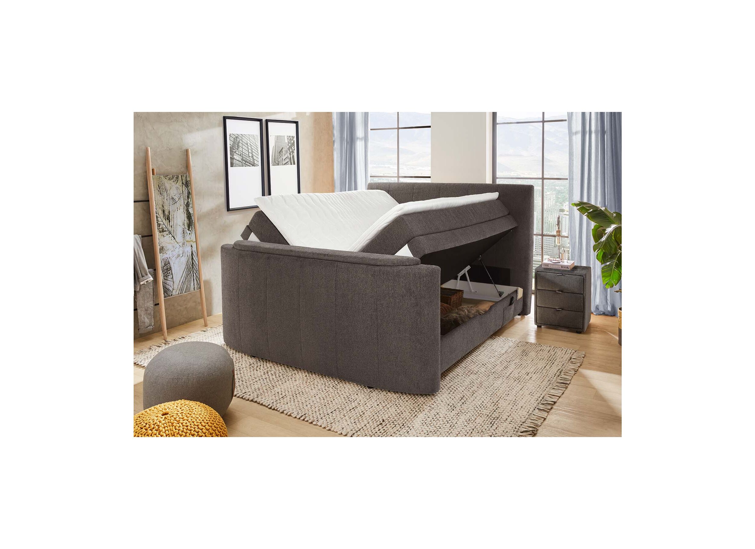 Boxspring Belair Mix 180x200cm avec ascenseur TV et rangement tissu anthracite