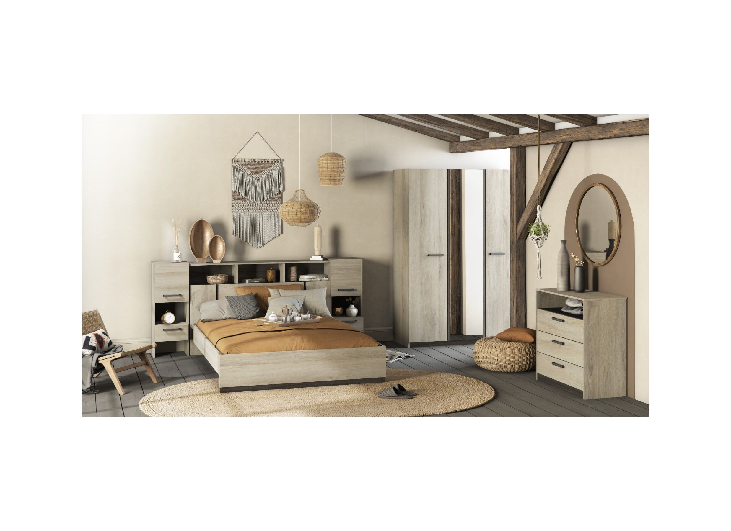 Foto ambiance - Chambre à coucher Watson avec lit 160x200cm - armoire 218cm - commode 83cm