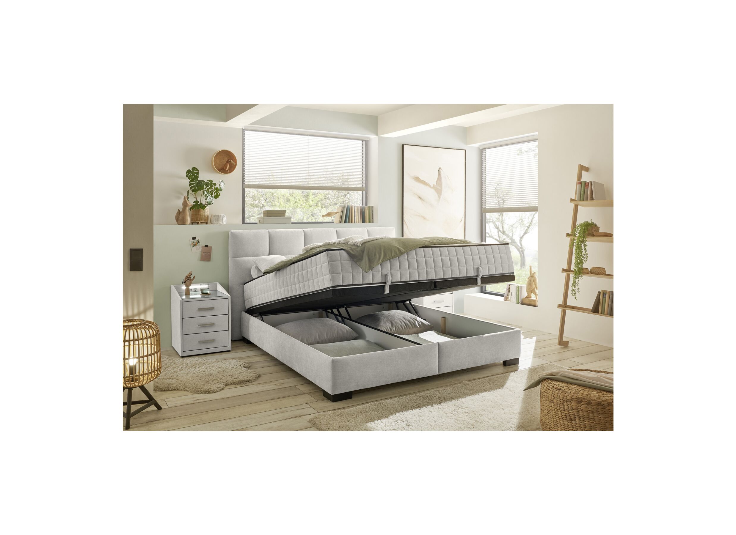 Foto ambiance - Lit box Nagol A 180x200cm avec rangement tissu beige