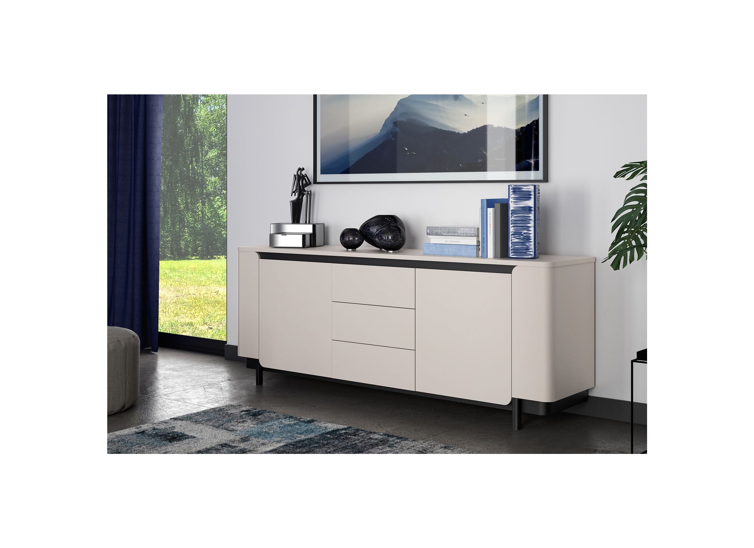Buffet Vodol 205cm - panneau décor - sable/noir
