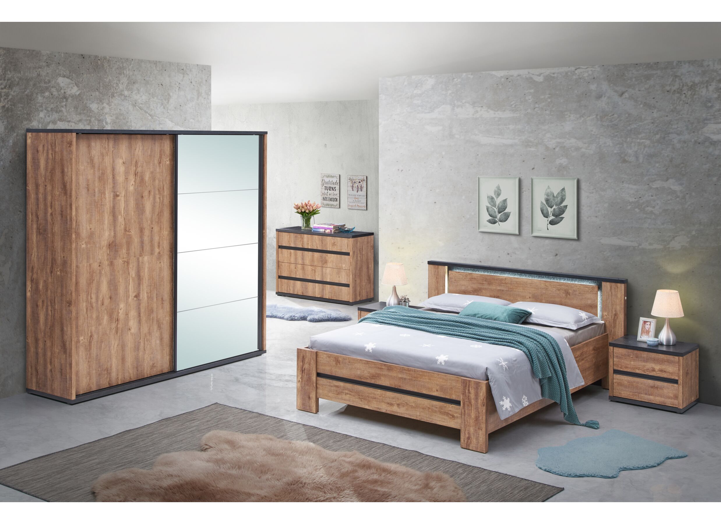 Armoire à portes coulissantes Elsa 220cm - décor - industrial oak/noir