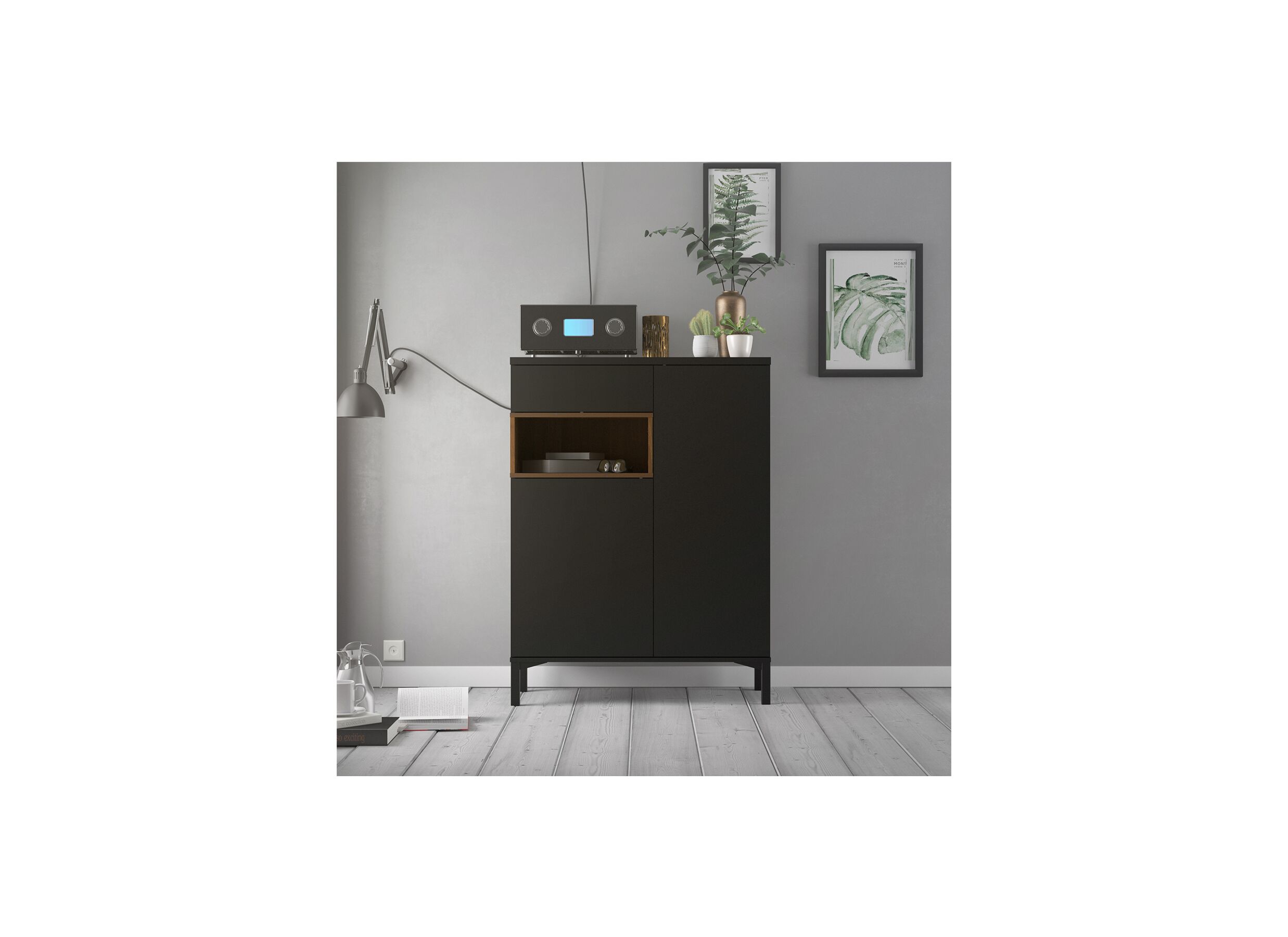 Buffet Roomers 89cm - panneau de particules - noir & noix