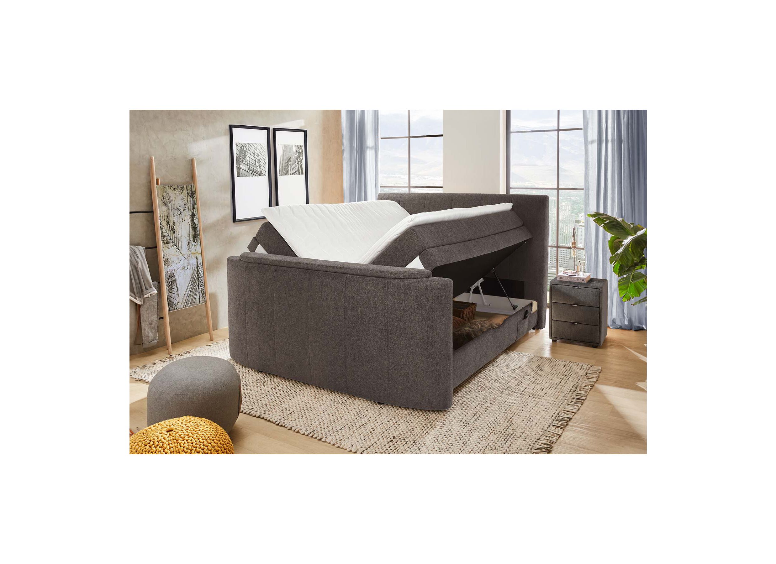 Foto ambiance - Boxspring Belair Normal 180x200cm - tissu - anthracite avec élévateur TV et rangement
