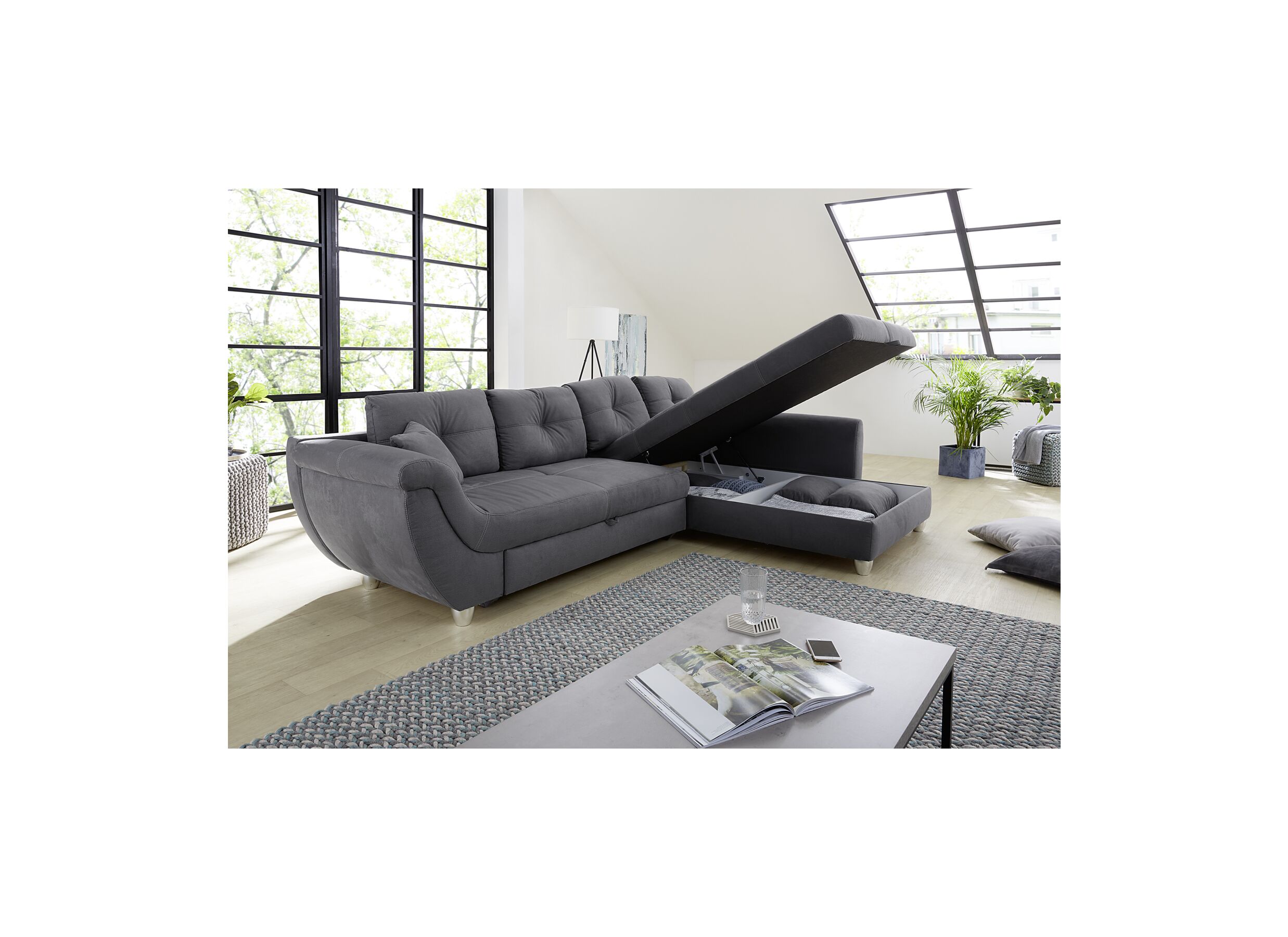 Disposition - Canapé d'angle Maranello tissu gris avec fonction lit