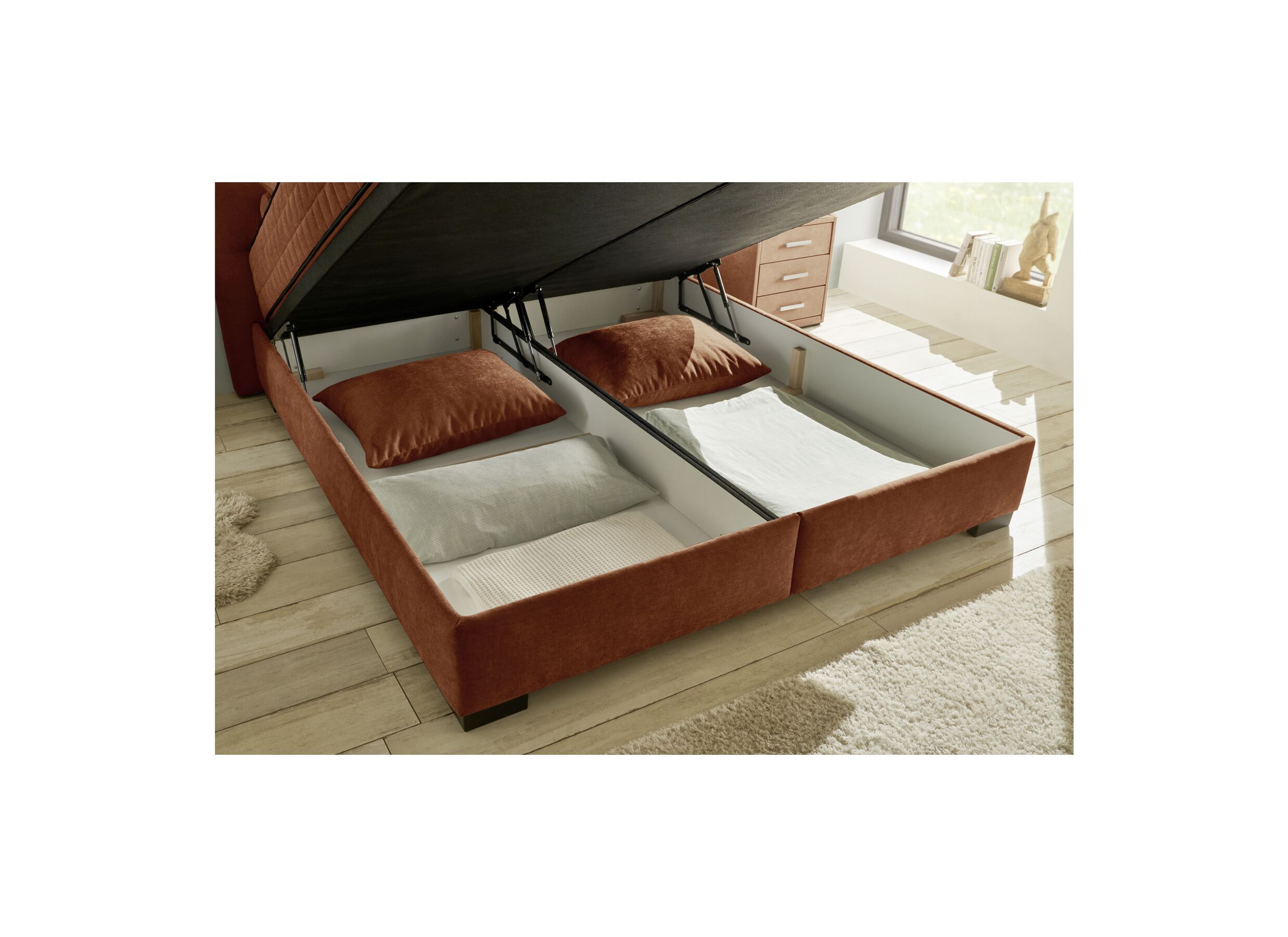 Foto ambiance - Lit box Nagol A 160x200cm avec rangement tissu cognac
