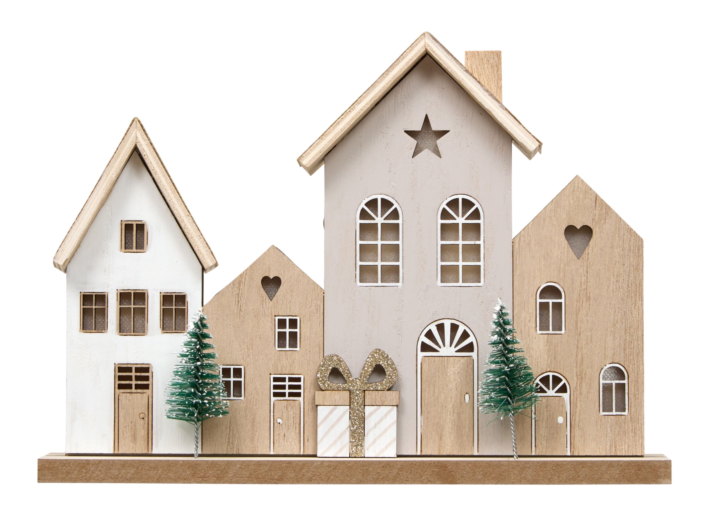 Overzichtsfoto - Kerstdecoratie Huisjes LED H23,5cm - hout - bruin incl. batterij