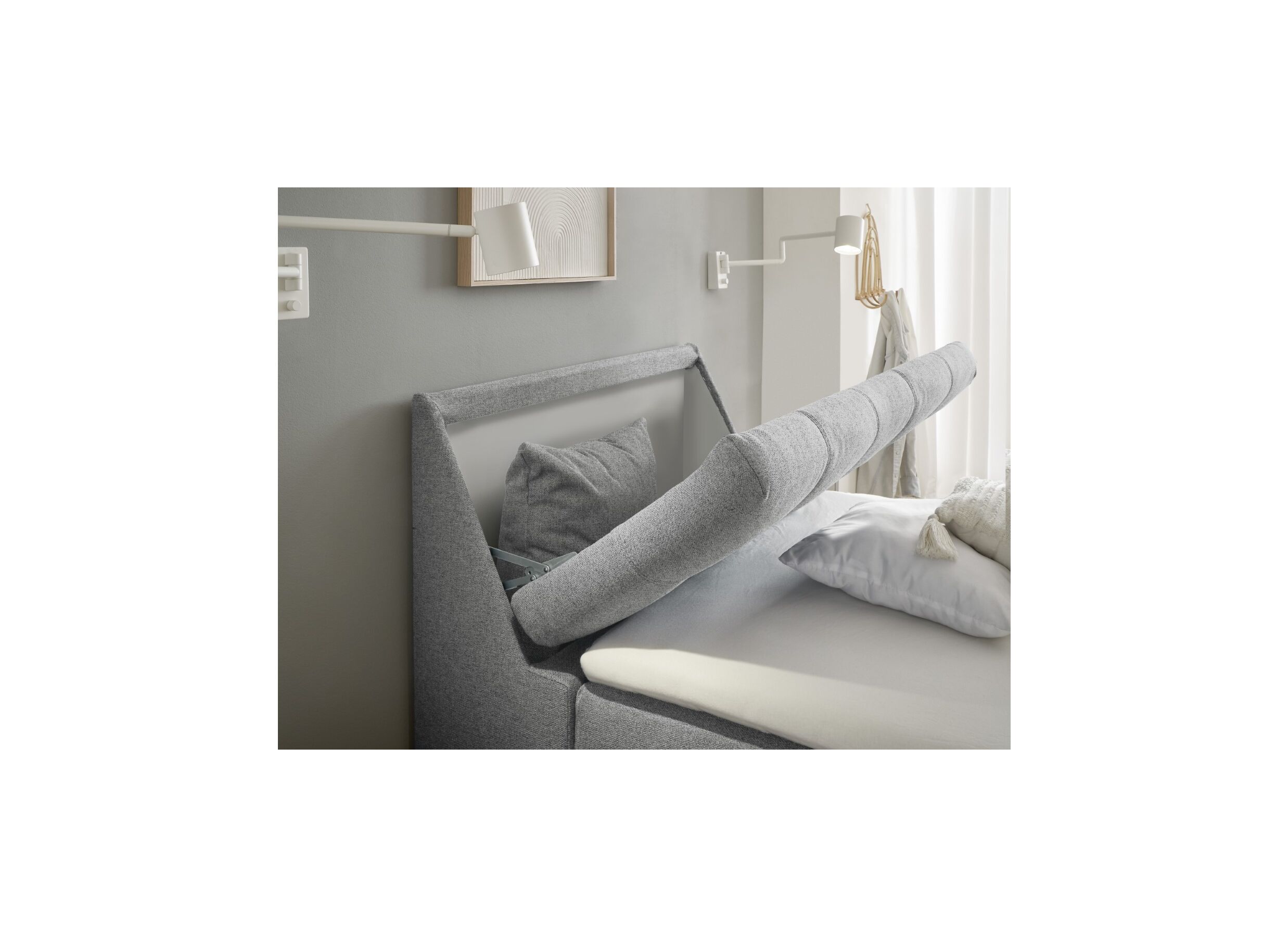 Foto ambiance - Lit box Atlantis 120x200cm avec rangement tissu gris