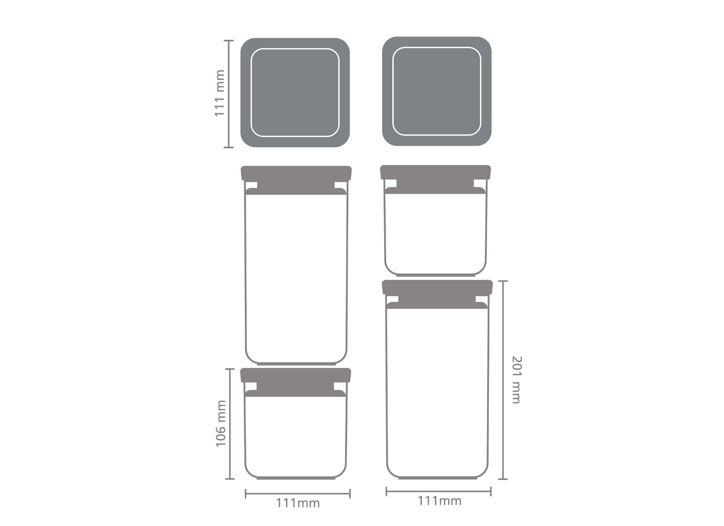 Dimensions - Boîte de conservation Tasty+ Brabantia 2x0,7L & 2x1,6L - plastique - light grey lot de 4
