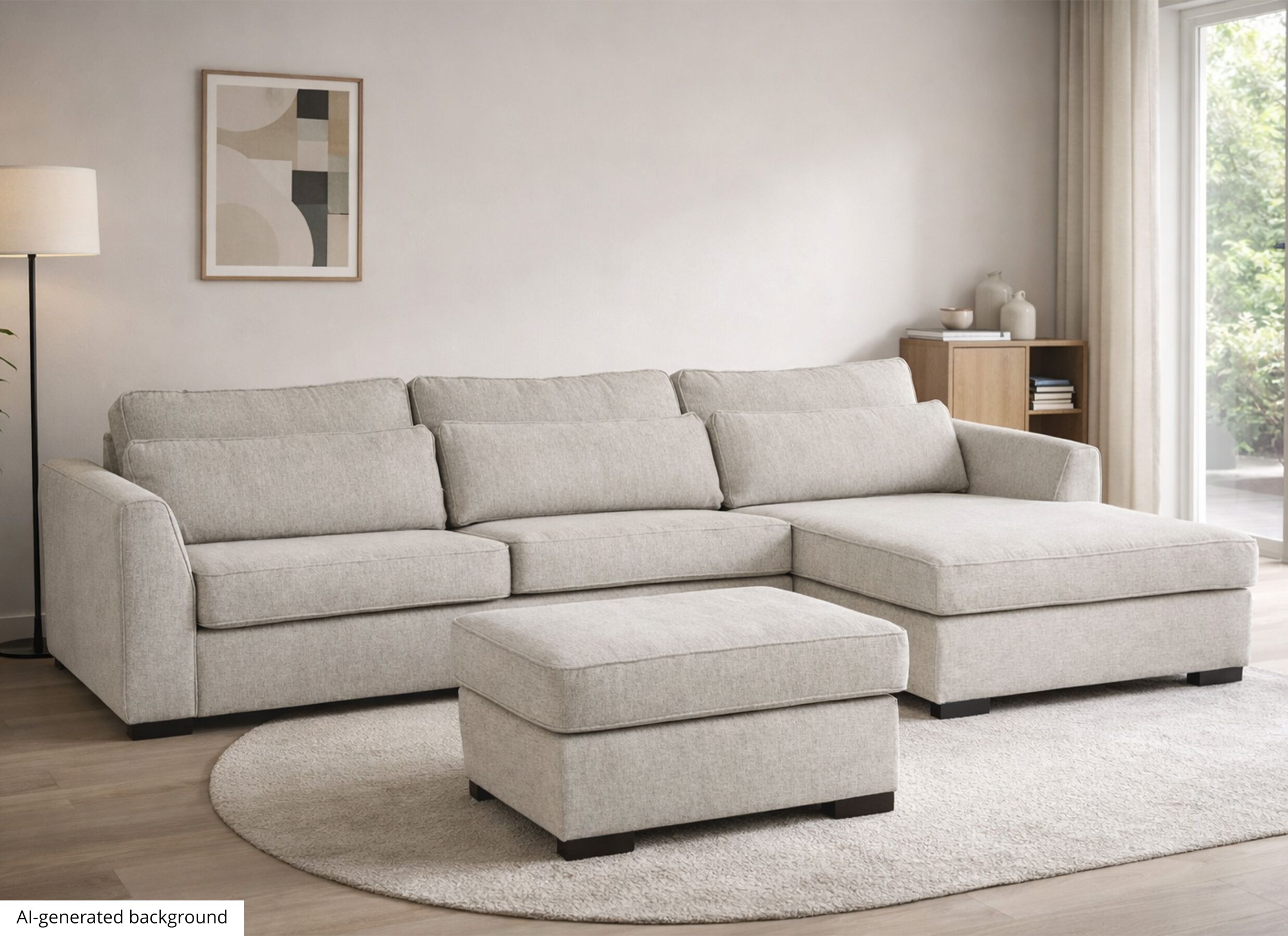 AI Generated - Hoeksalon Alcamo 331x184cm - stof - grijs met poef