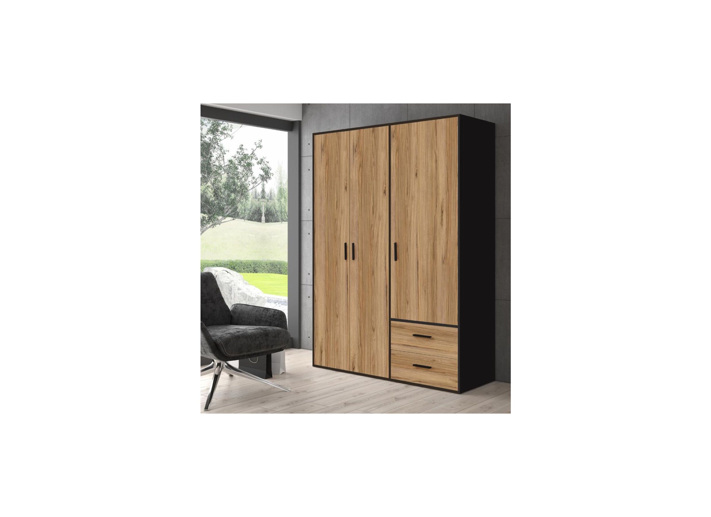 Garde-robe Mokkaro 145cm - décor - noir/chêne châtaignier