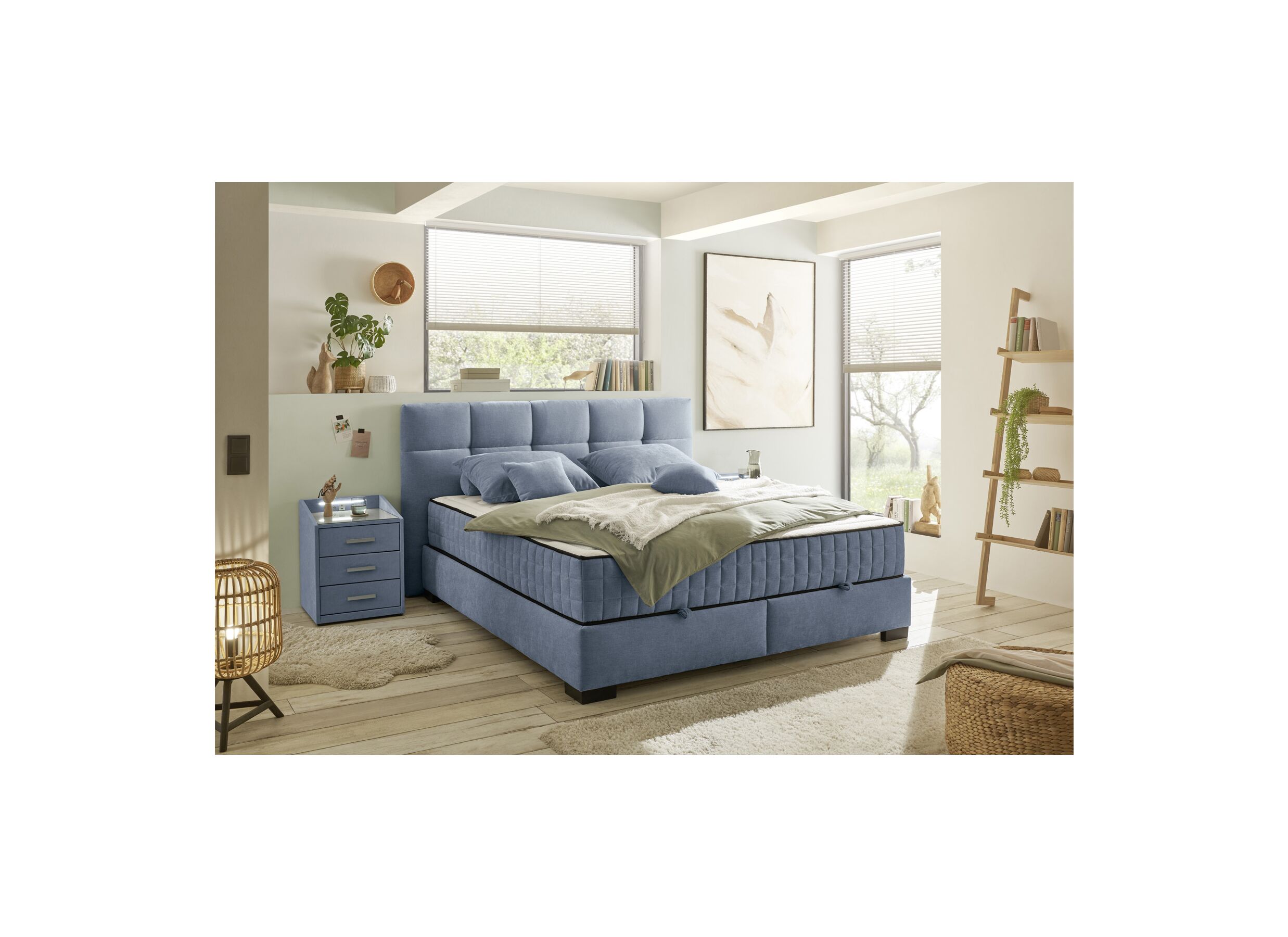 Foto ambiance - Lit box Nagol A 180x200cm avec rangement tissu bleu