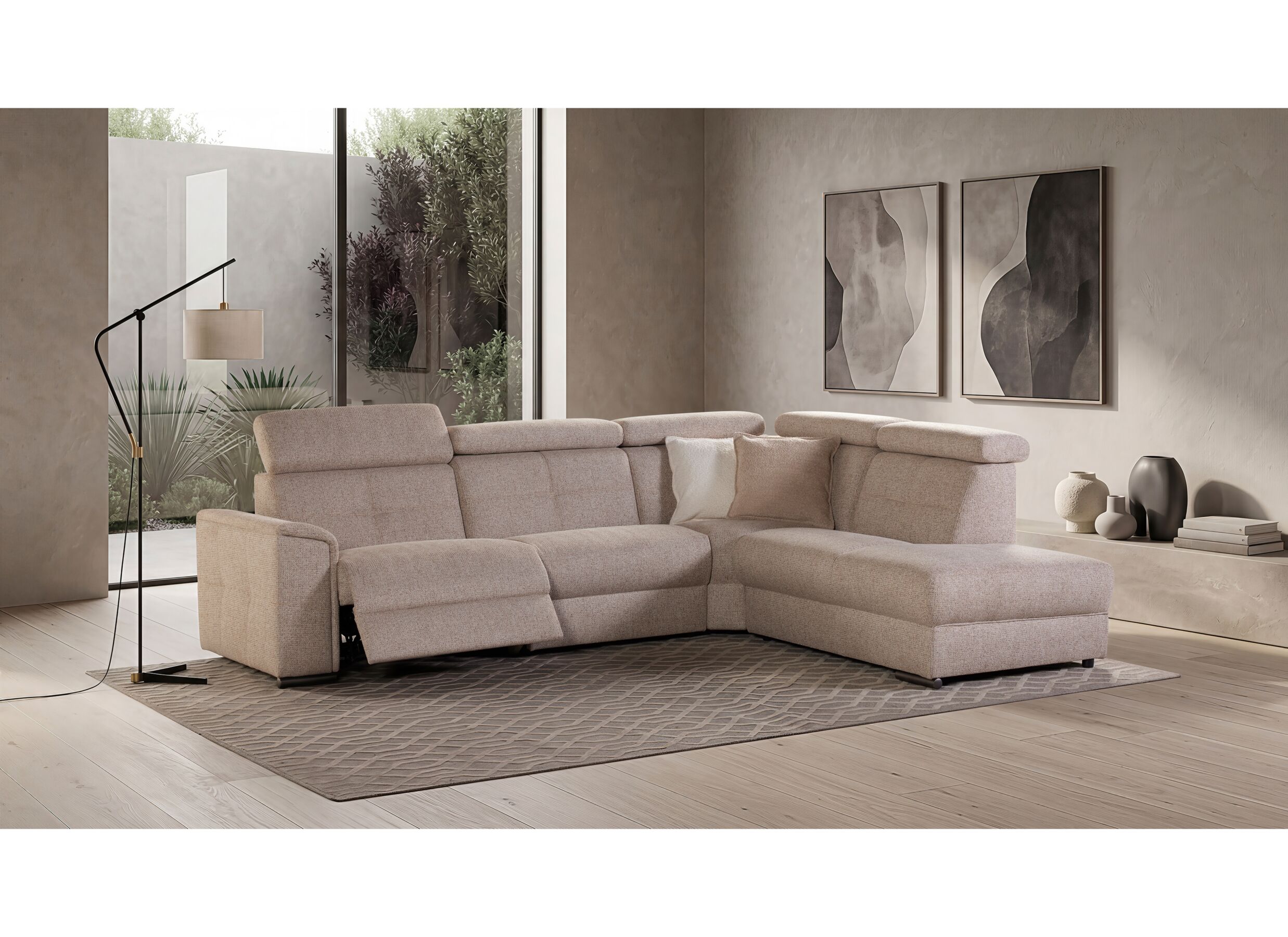Sfeerfoto - Hoeksalon Lizzie 289x227cm - stof - beige met relax