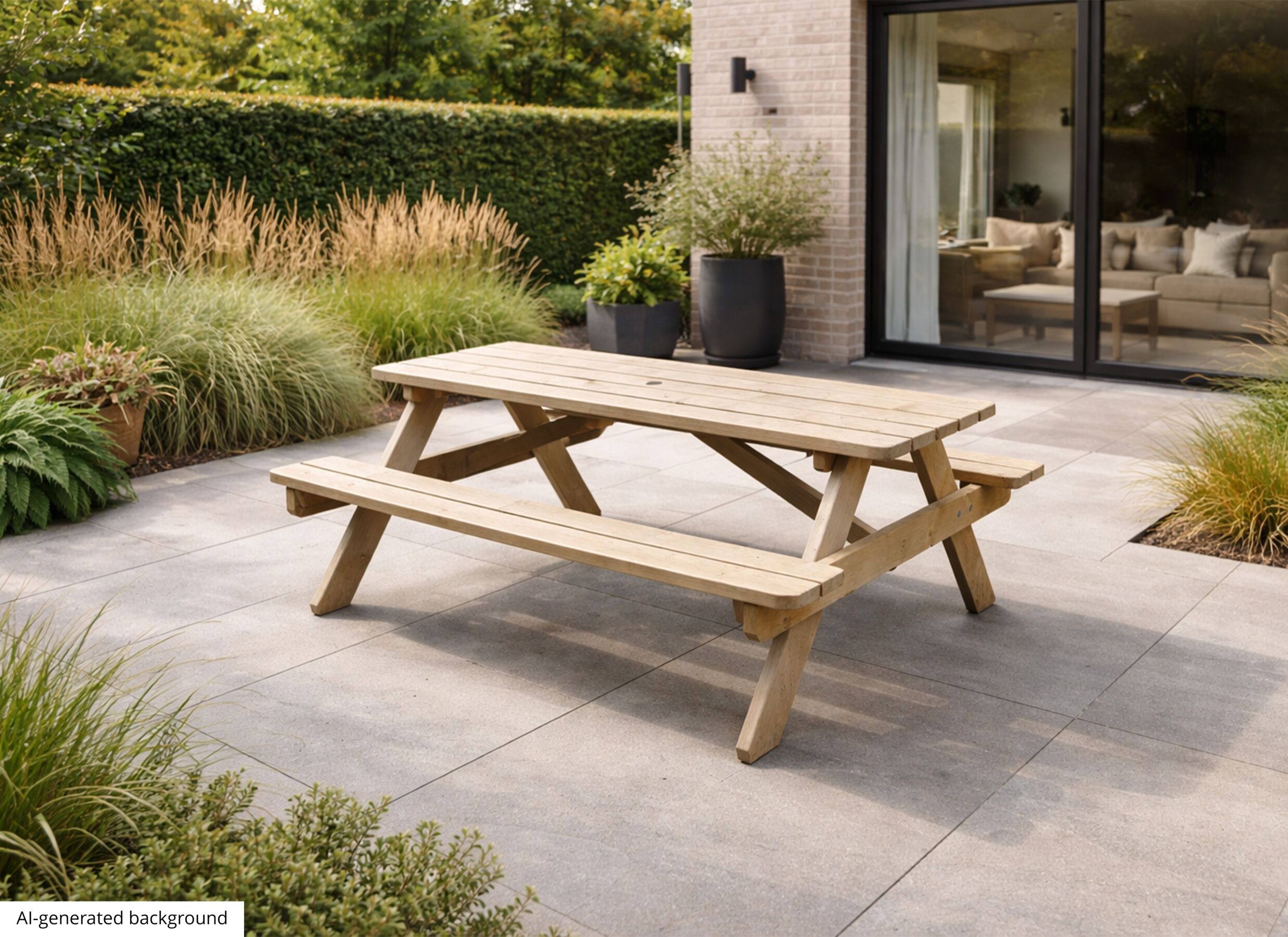 AI Generated - Table de picnic 151x180cm - bois massif - beige