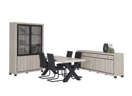 Eetkamer Eureka met 4 stoelen Quartz - tafel 190x95cm - dressoir 225cm - vitrinekast 133cm
