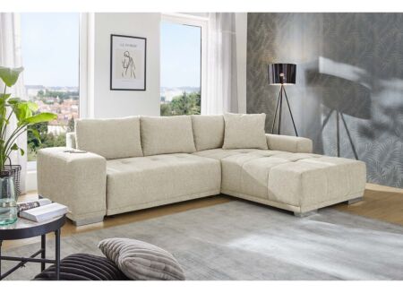 Hoeksalon Luciano 282x204cm - stof - beige met bedfunctie en opbergruimte