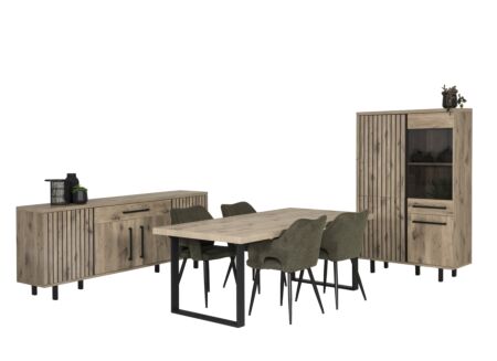 Eetkamer Tim met 4 stoelen Daly - tafel 200x100cm - dressoir 225cm - barkast 109cm