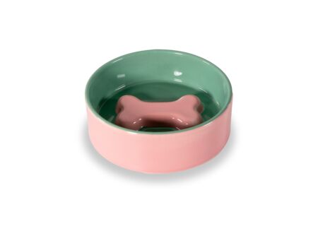 Voerbak Ø12cm - stoneware - roze & groen