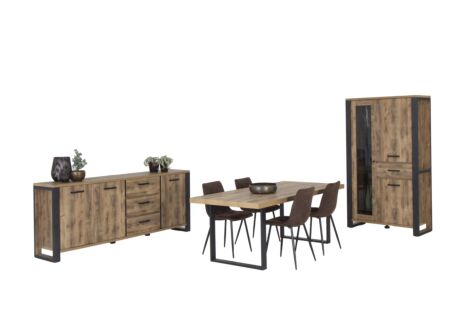 Eetkamer Onno met 4 stoelen Churchill - tafel 200x100 - dressoir 225cm - vitrinekast 114cm