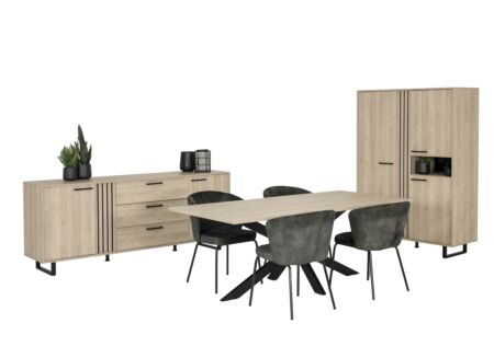Eetkamer Faro met 4 stoelen Darry - tafel 200x95cm - kast 127cm - dressoir 216cm