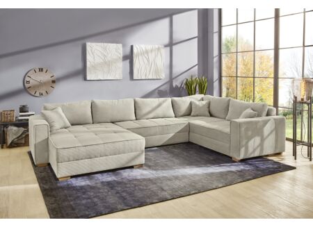 Hoeksalon Brixen 379x227cm - ribfluweel - lichtgrijs met bedfunctie