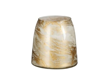 Theelichthouder H12cm - glas - wit & goud