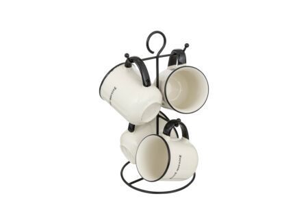 Rek 4 mokken Alix 20cl 16x15x16cm - porselein & metaal - zwart/wit