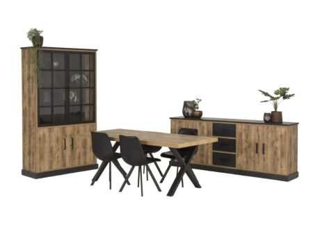 Eetkamer met 4 stoelen Frantz - tafel 200x100 - dressoir 226cm - vitrinekast 120cm