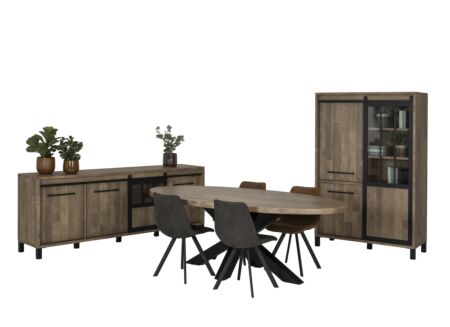 Eetkamer Alcatraz  met 4 stoelen Frantz - tafel 225x120cm - dressoir 238cm - barkast 122cm