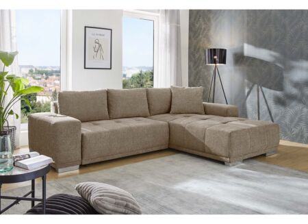 Hoeksalon Luciano 282x204cm - stof - bruin met bedfunctie en opbergruimte