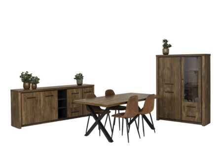 Eetkamer Ensor met 4 stoelen Speech - tafel 220x95cm - dressoir 230cm - vitrinekast 125cm