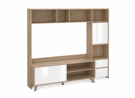 Tv-wandmeubel Next 209cm - melamine - glanzend wit & jackson hickory