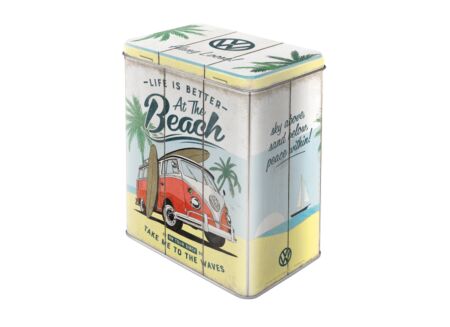 Bewaardoos Volkswagen Bulli Beach 11x14x20cm - metaal - wit & rood