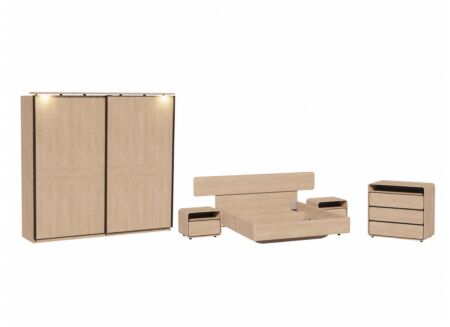 Slaapkamer met bed 160x200cm - kleerkast 242cm - commode 97cm en 2 nachtkastjes