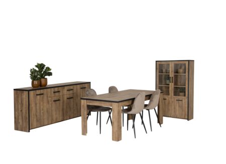 Eetkamer Esther met 4 stoelen Charlton - tafel 180x90cm - dressoir 210cm - vitrinekast 110cm