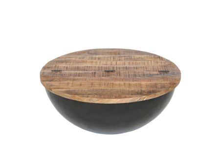 Salontafel Antz Ø90cm - mango massief & metaal - naturel zwart met opbergruimte